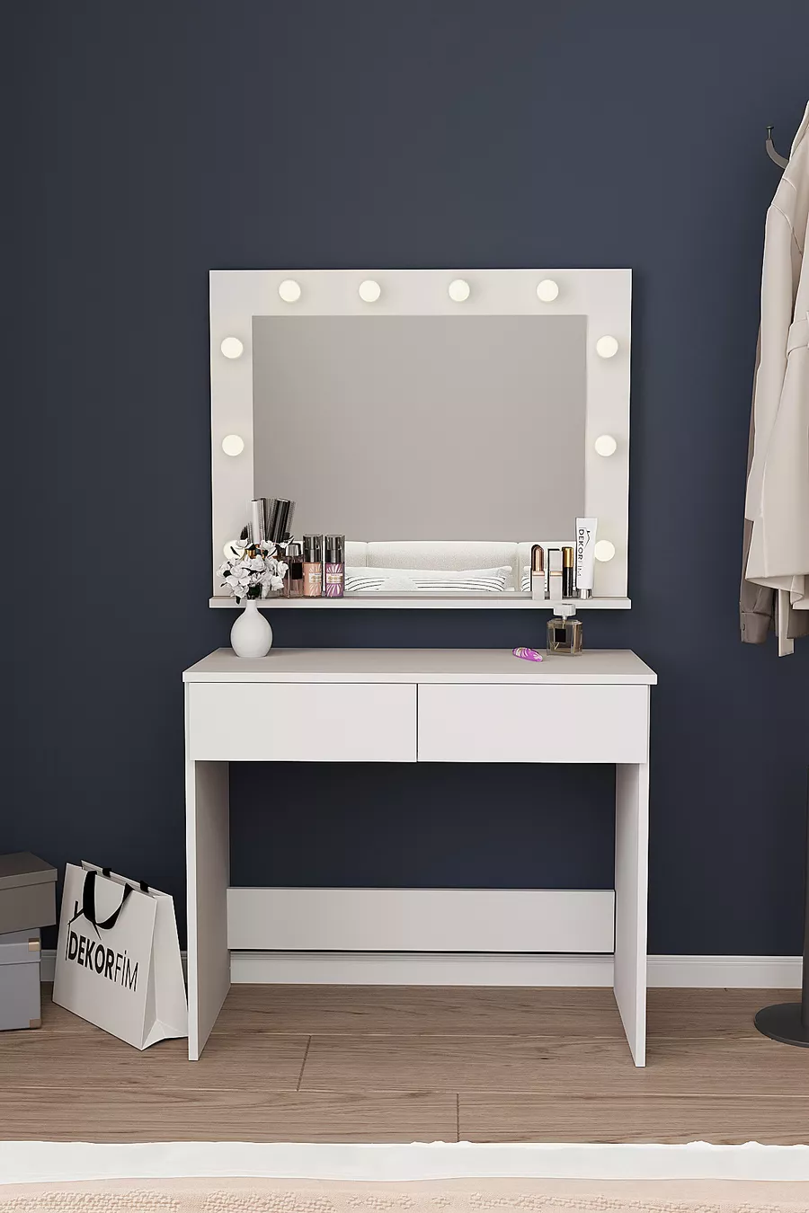 Table de maquillage Hollywood avec miroir et éclairage LED, table de cosmétiques avec organiseur à tiroirs compartimentés