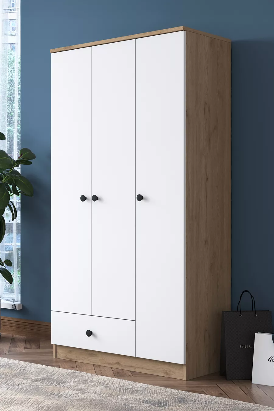Armoire Rani  Wardrobe 3 portes 1 tiroir 6 étagères 1 panier suspendu Noyer - Blanc
