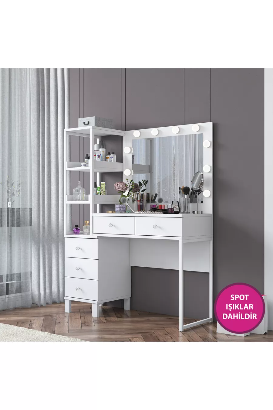 Rani Coiffeuse Miroir avec Lumières de Hollywood, 5 Tiroirs avec Étagère, Organisateur de Bijoux, Blanc