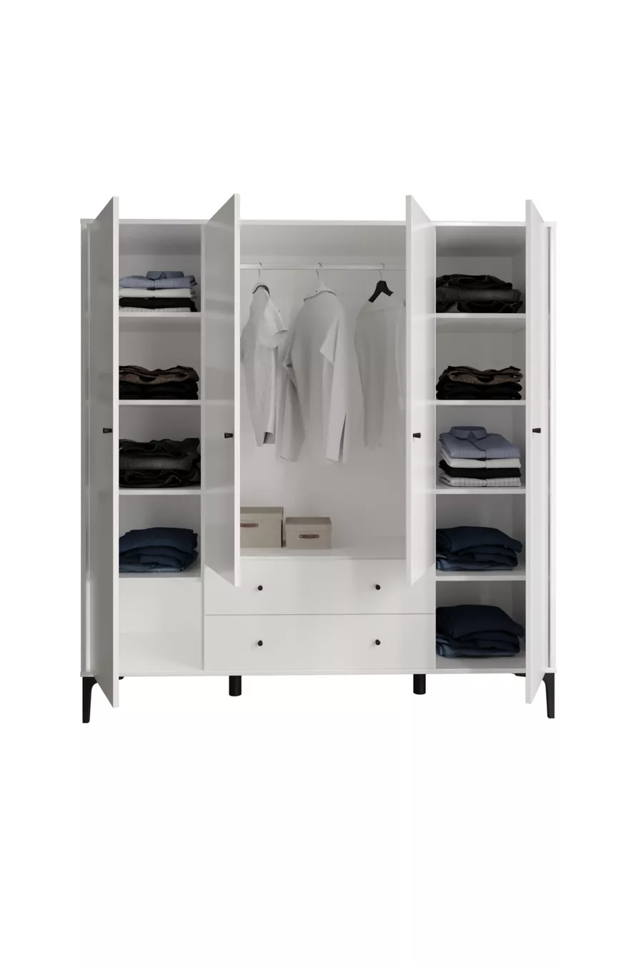 Armoire Focus 4 Portes Blanche (% MDF) - 4 Portes, 2 Tiroirs, Armoire sur Pieds