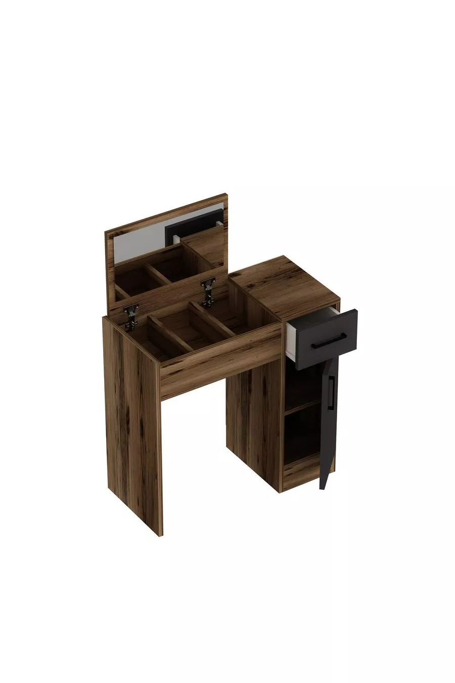 Coiffeuse avec miroir et armoire, couleur noyer et anthracite - Inci, disponible en 4 couleurs différentes
