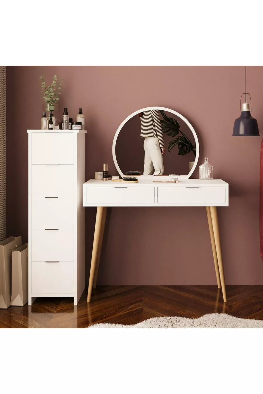 Ensemble de Coiffeuse Lucy – Blanc avec Miroir, Armoire à Tiroirs, Organisateur de Bijoux