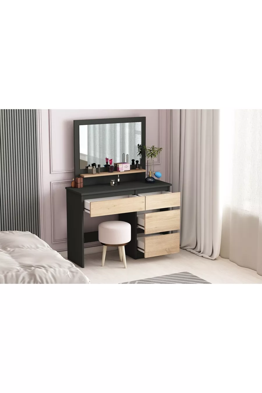 Coiffeuse Duru, 4 tiroirs, avec miroir, étagères, anthracite - Pin Atlantique
