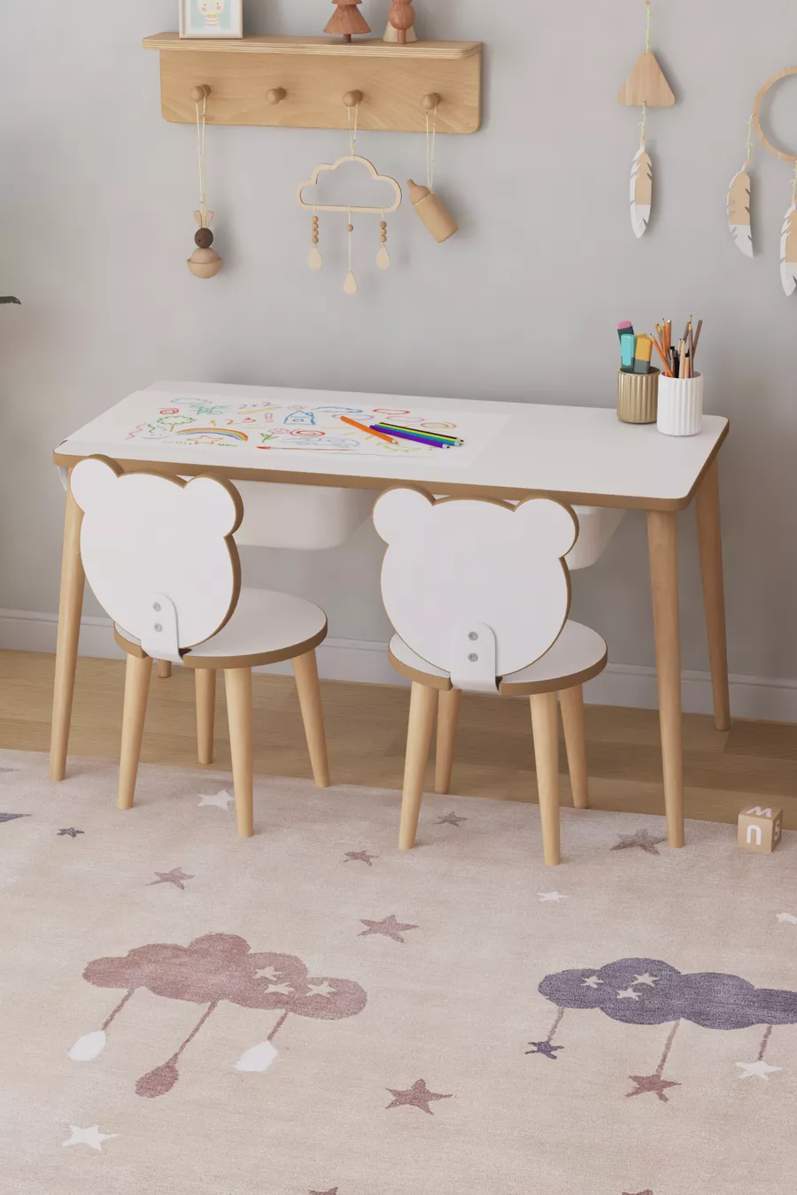 Table d'activité pour enfants avec papier à dessin en rouleau, 2 chaises et tiroir - Panda