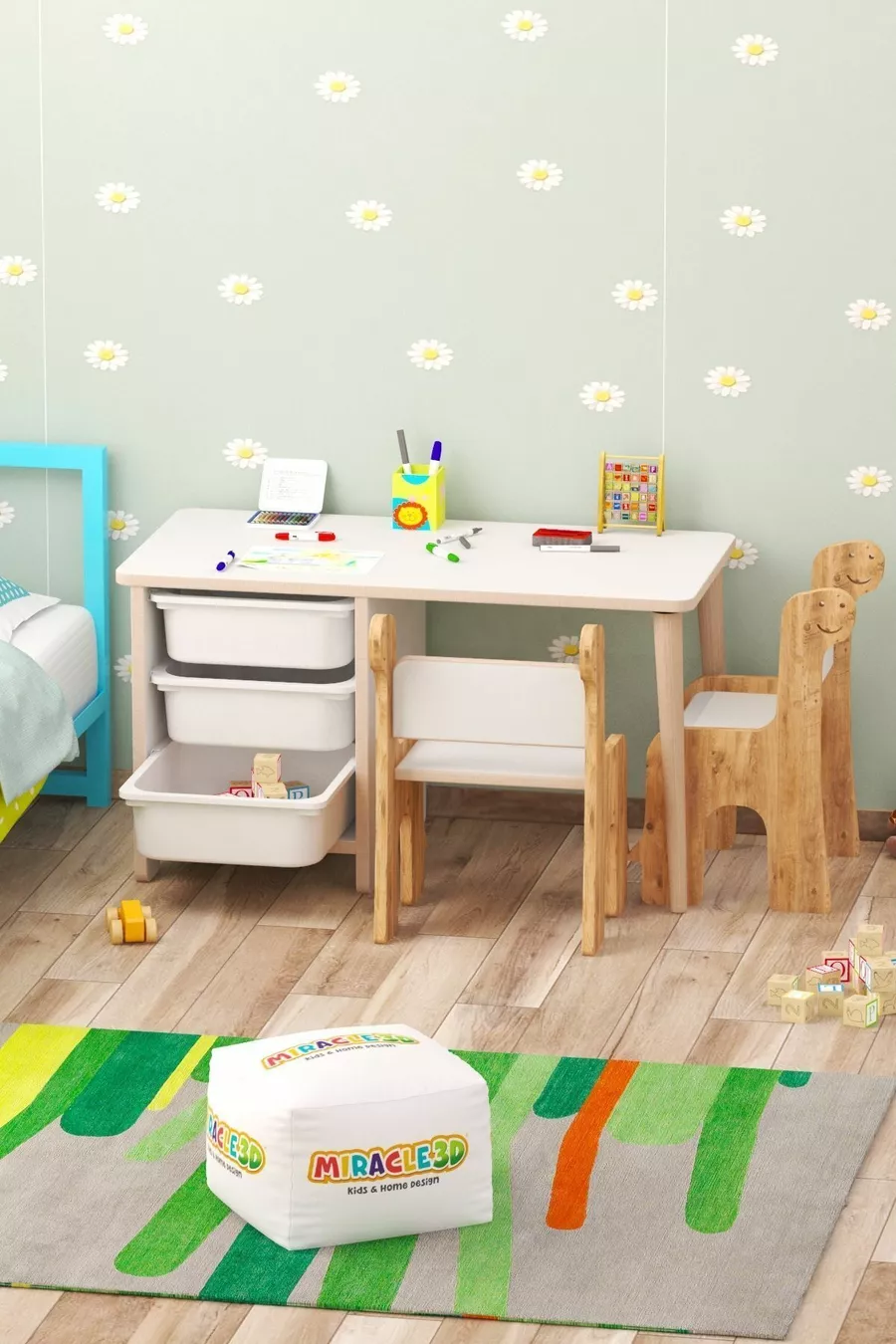 Ensemble table et chaises pour enfants - Table de travail pour enfants avec 3 paniers, table d'activités, double chaise Dino effaçable