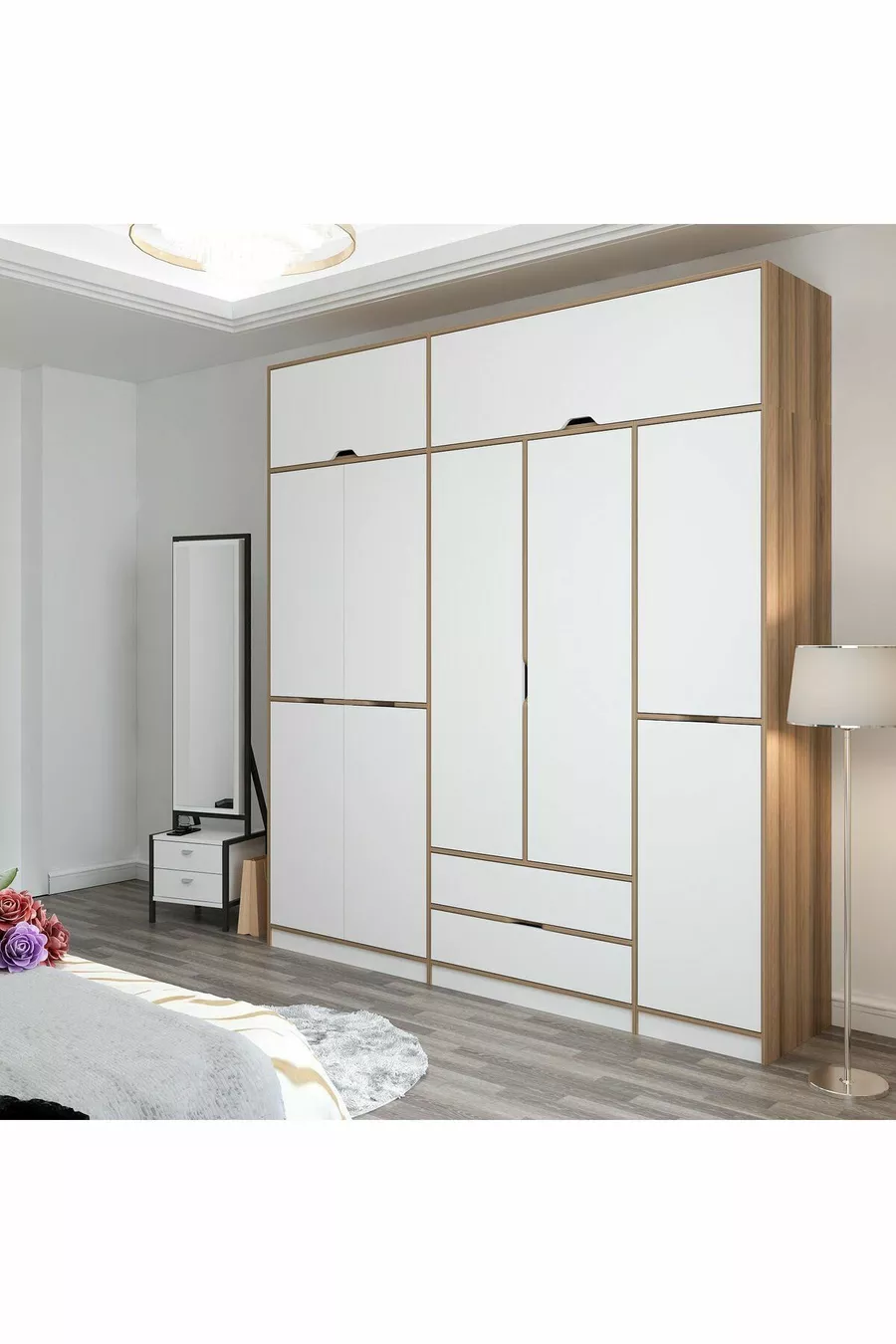 Armoire Elina à 5 portes avec penderie - Doré/Blanc