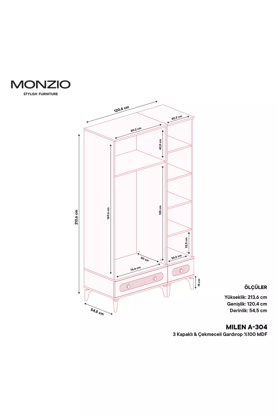 Armoire Milen 3 portes avec tiroirs  % MDF