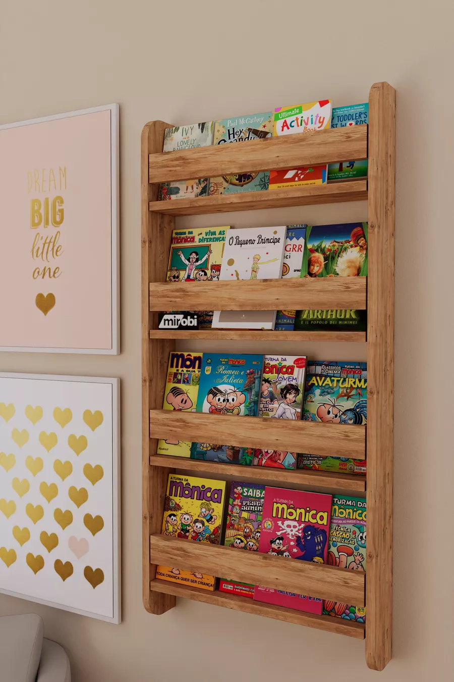 Bibliothèque Montessori Lino à 4 étagères pour enfants, bibliothèque éducative pour chambre d'enfant, en pin Atlantique