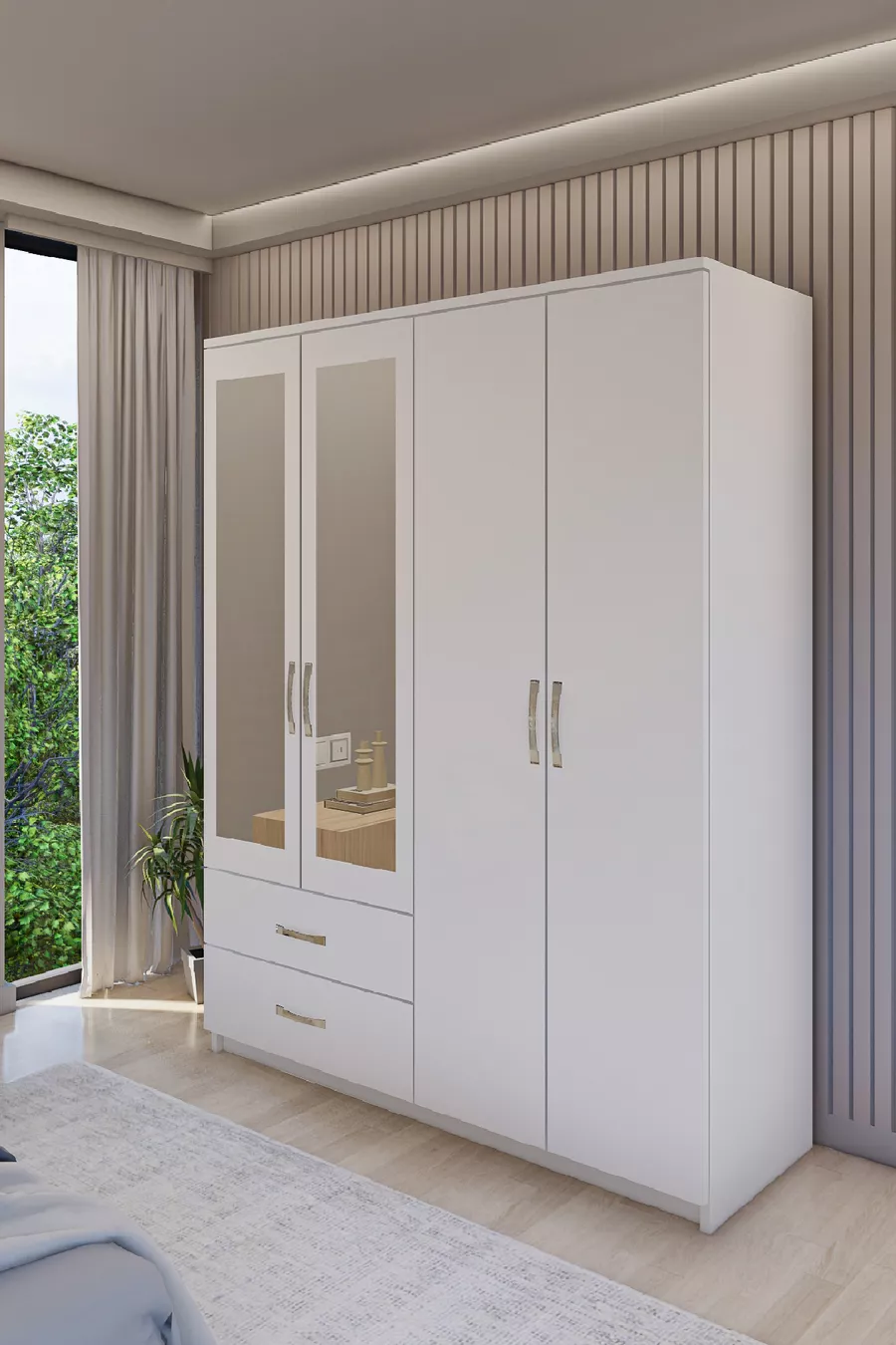 Gm  Diva Armoire Blanche à 4 Portes et 2 Tiroirs avec Miroir