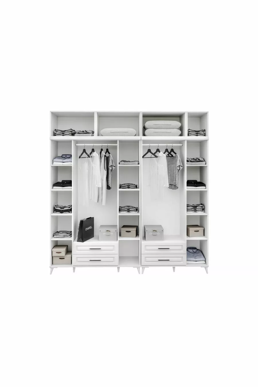 Armoire blanche complète en MDF avec 7 portes et penderie Gözde, montage gratuit