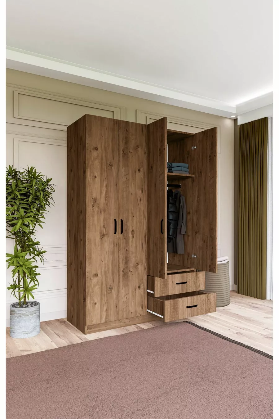 Armoire Yaman Çam à 4 portes et 2 tiroirs - Garde-robe