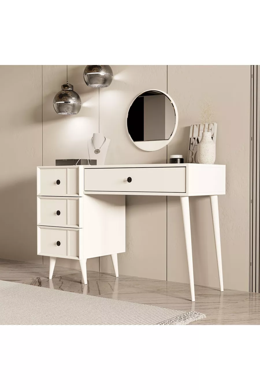 COIFFEUSE ROSE AVEC MIROIR (PIEDS EN BOIS) CADRE EN MDF, 4 TIROIRS, BLANC