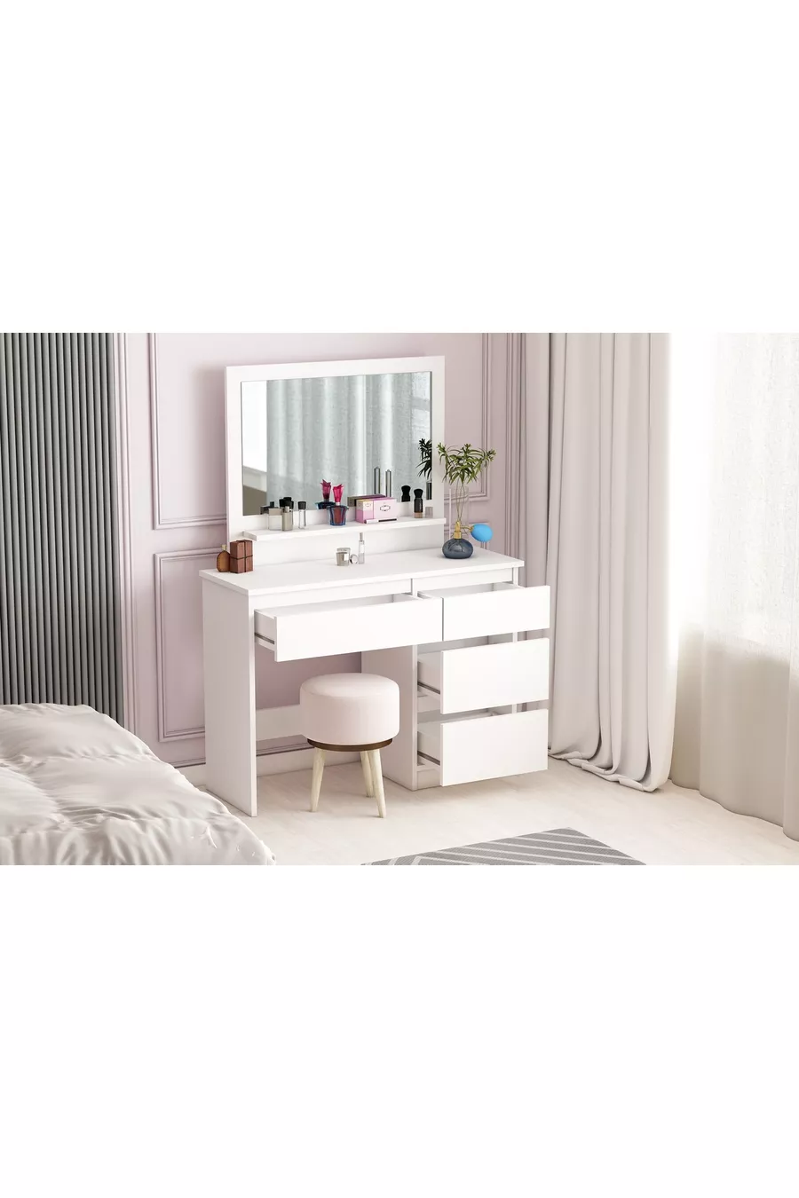 Coiffeuse Duru, 4 tiroirs, avec miroir, étagères, blanche