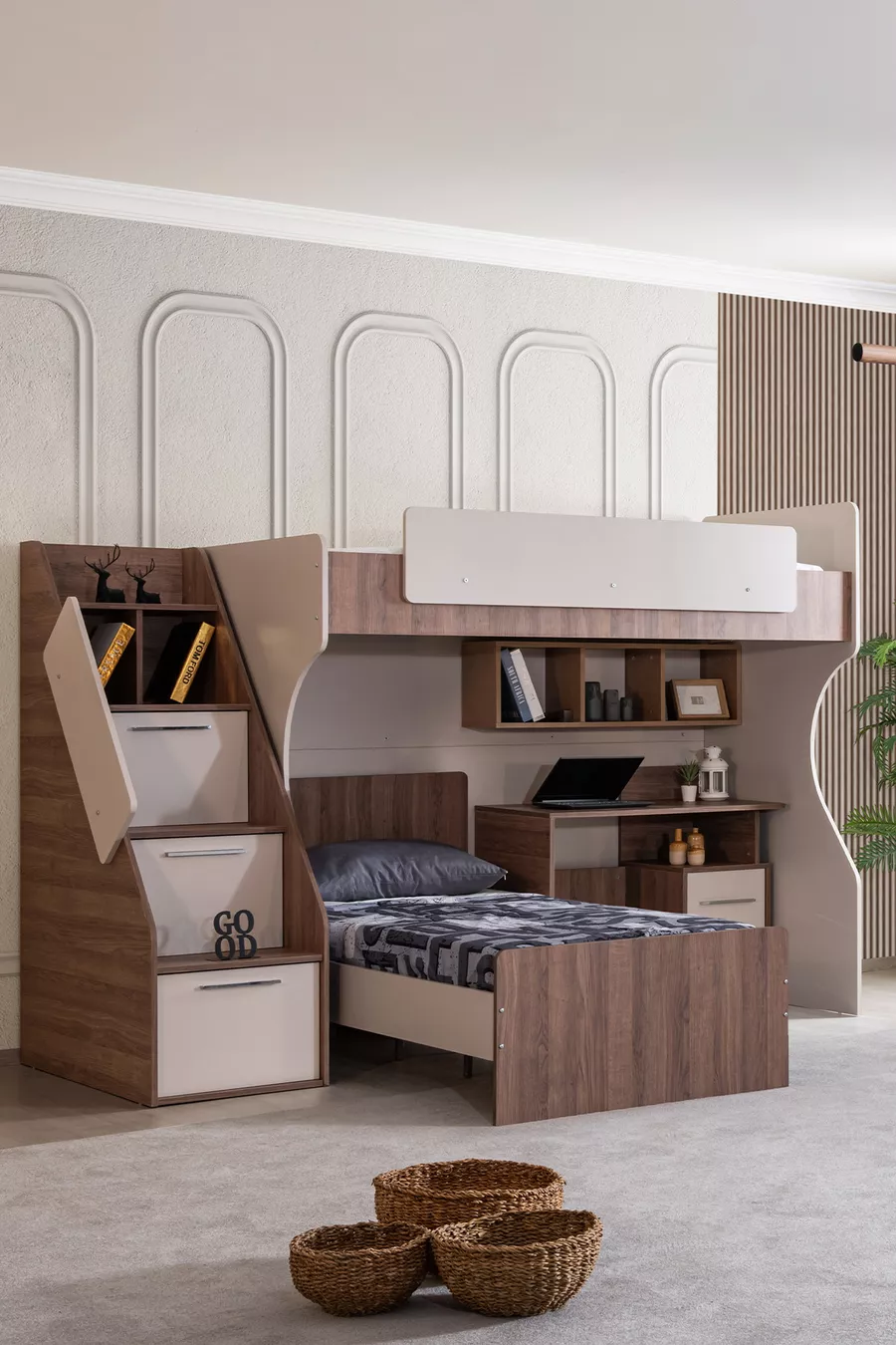 Lit superposé Ranza avec bureau double à Milan, lit superposé moderne