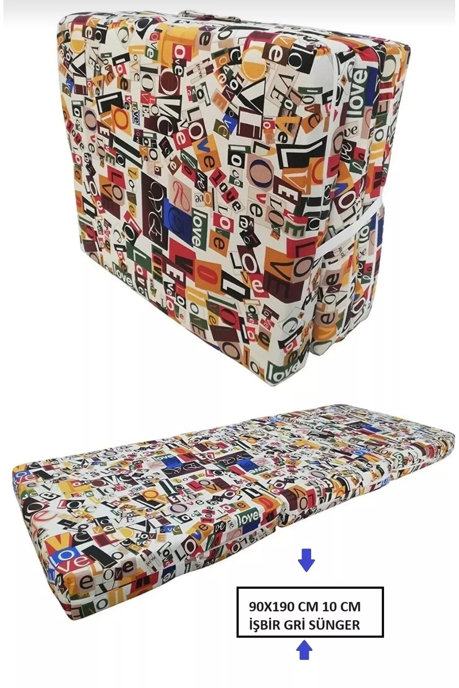 Lit pliant simple avec matelas en mousse, coussin en mousse épaisse, X cm, gris, motif LOVE