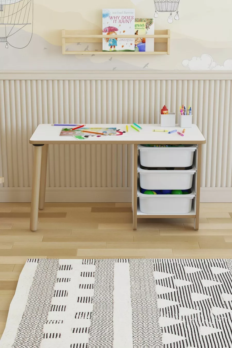 Table pour enfants Cm avec 3 paniers, table de travail pour enfants, table d'activités effaçable
