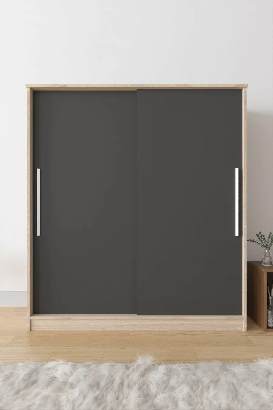 Armoire coulissante  Zambak avec étagères multiples, tiroirs et penderie, gris anthracite