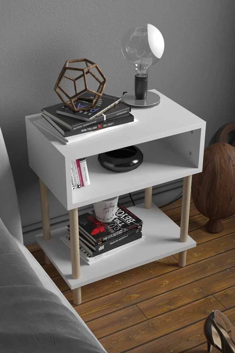 Table de chevet moderne à 2 étagères pour chambre à coucher, organisateur de chevet sur pieds en bois - Blanc