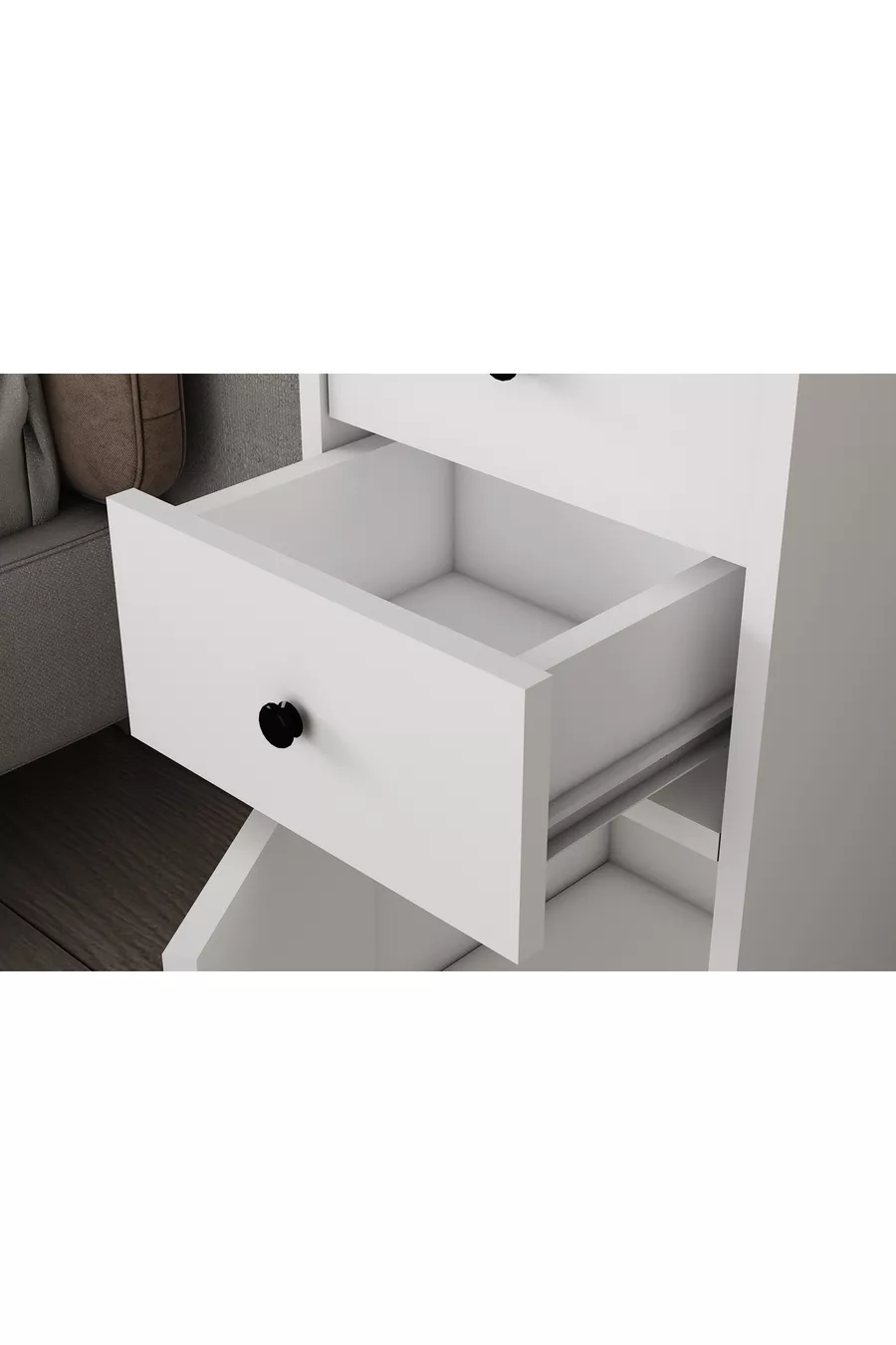Table de chevet moderne blanche Eva à deux tiroirs et une porte
