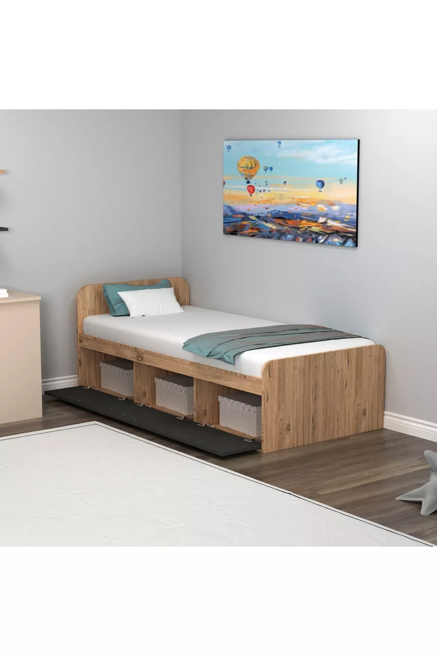 Lit Cadre Akser Atlantik Pin Anthracite – Compatible avec lit simple, Lit pour jeune avec armoire
