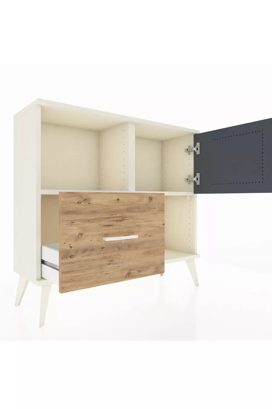Commode Arges avec 2 étagères, 1 tiroir et 1 porte, couleur Pierre de Lune-Anthracite/Sapin