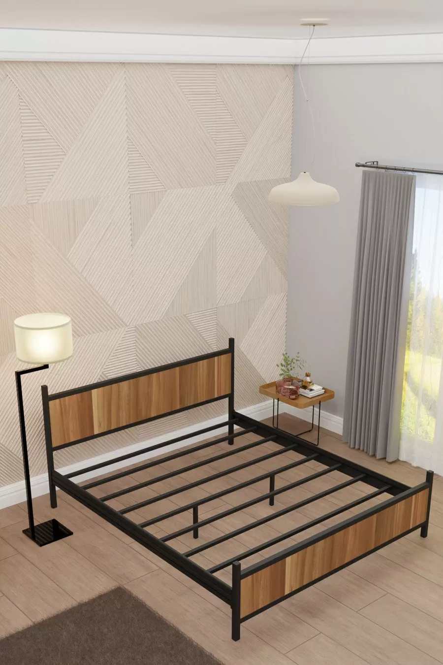 Gm Lit Double Moderne Bois et Métal Noir Noyer