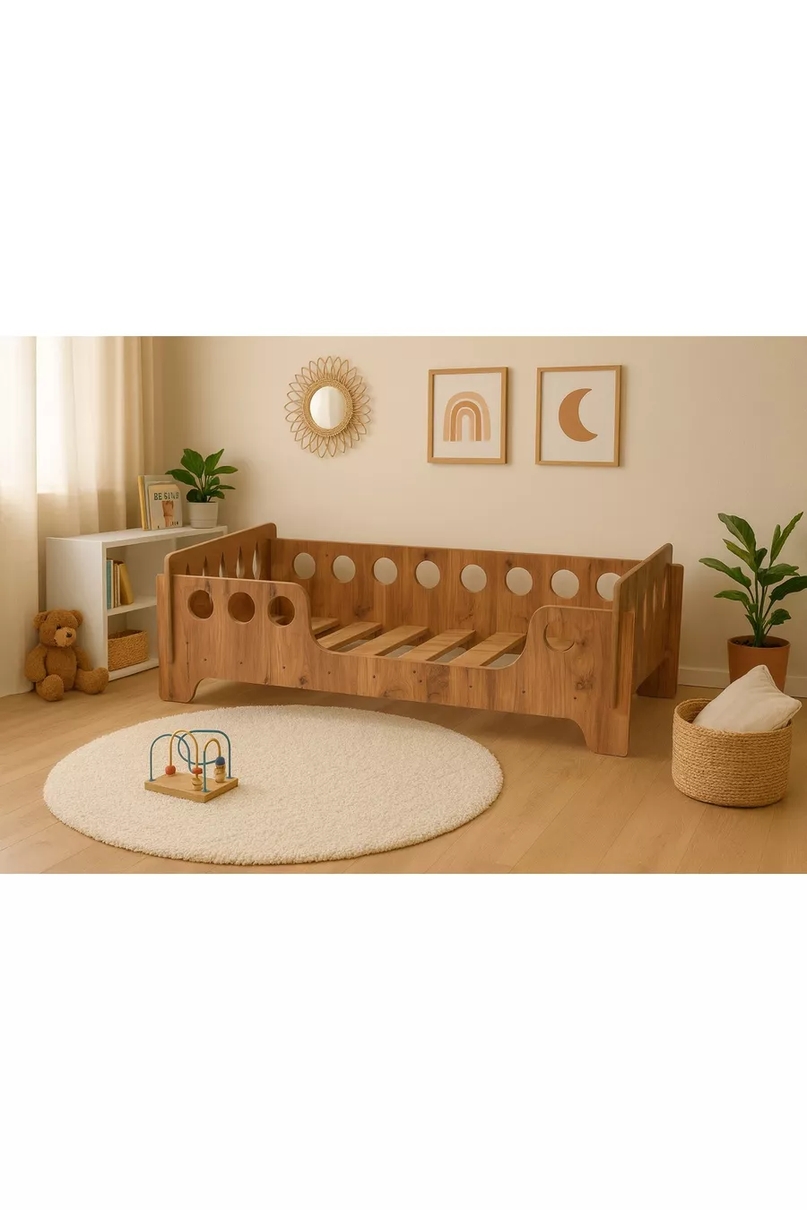 Lit Montessori en Noyer, MDF Noyer, Lit pour Enfant Sécurisé avec Détails en Bois