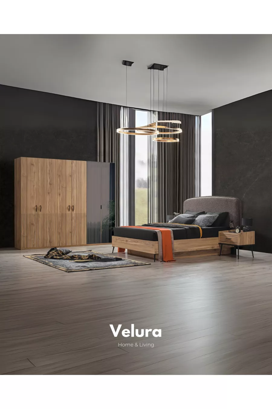 Ensemble de chambre à coucher İzgi (6 armoires en bois avec portes + commode + table de chevet + lit)