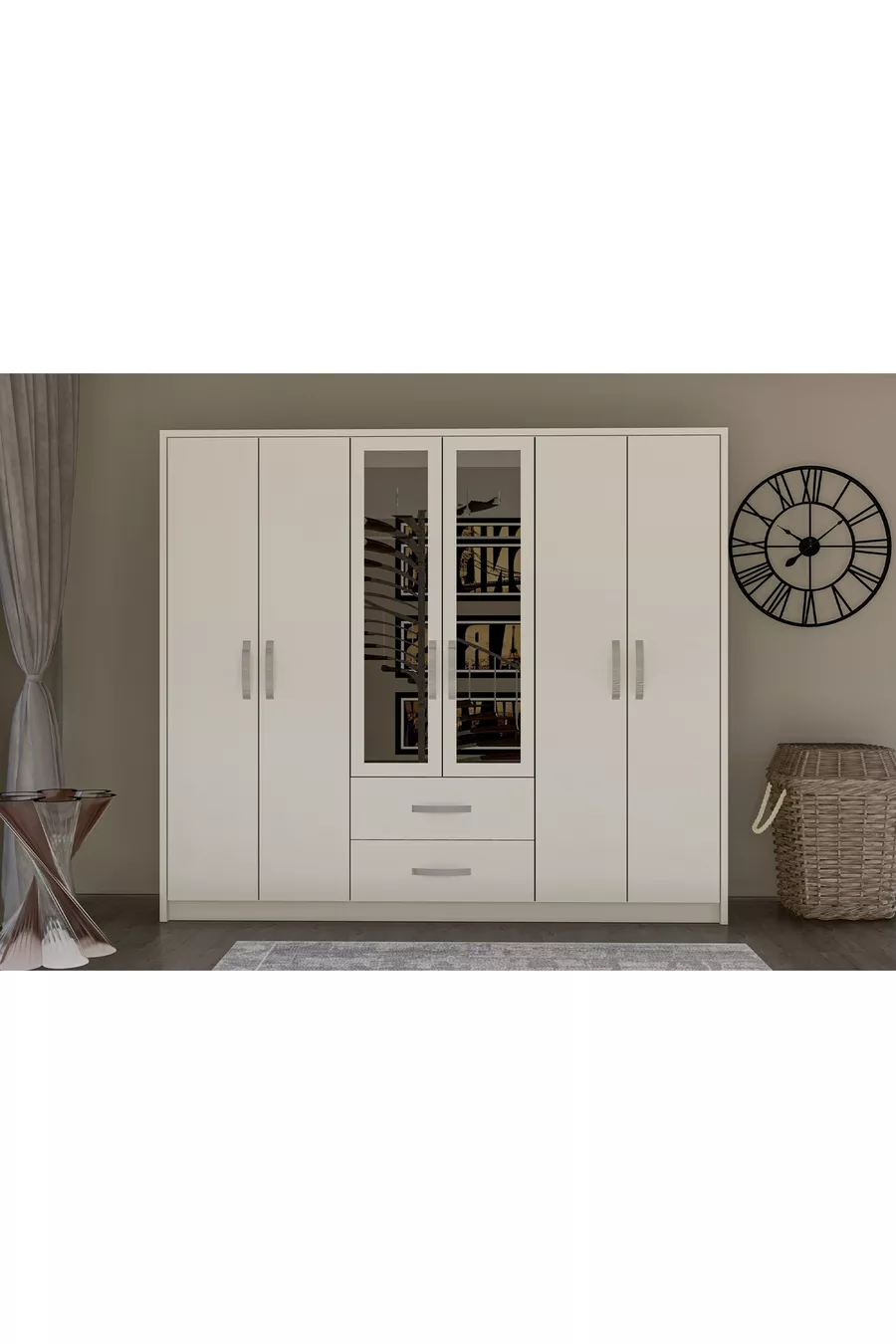 ENSEMBLE DE CHAMBRE À COUCHER METALA, BLANC, 6 PORTES