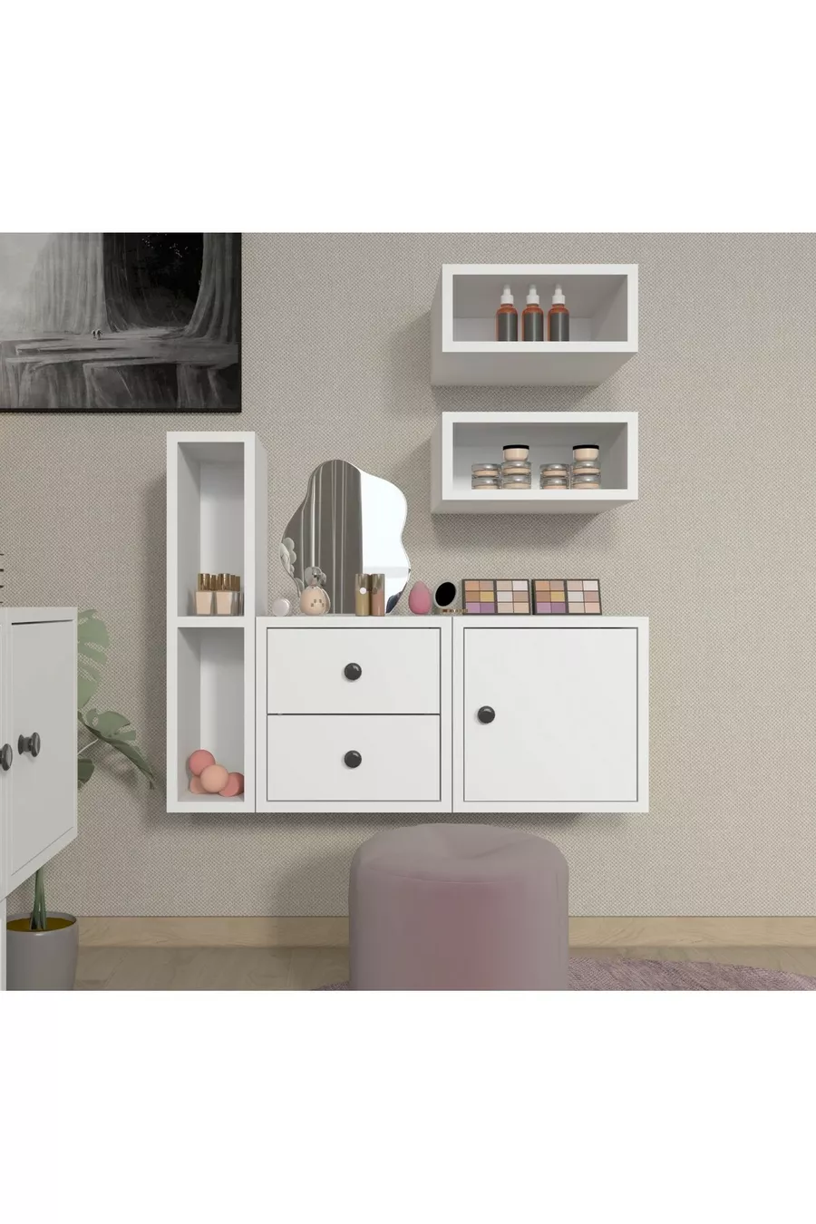Ensemble modulable tête de lit-tiroir pour chambre à coucher – Blanc – 