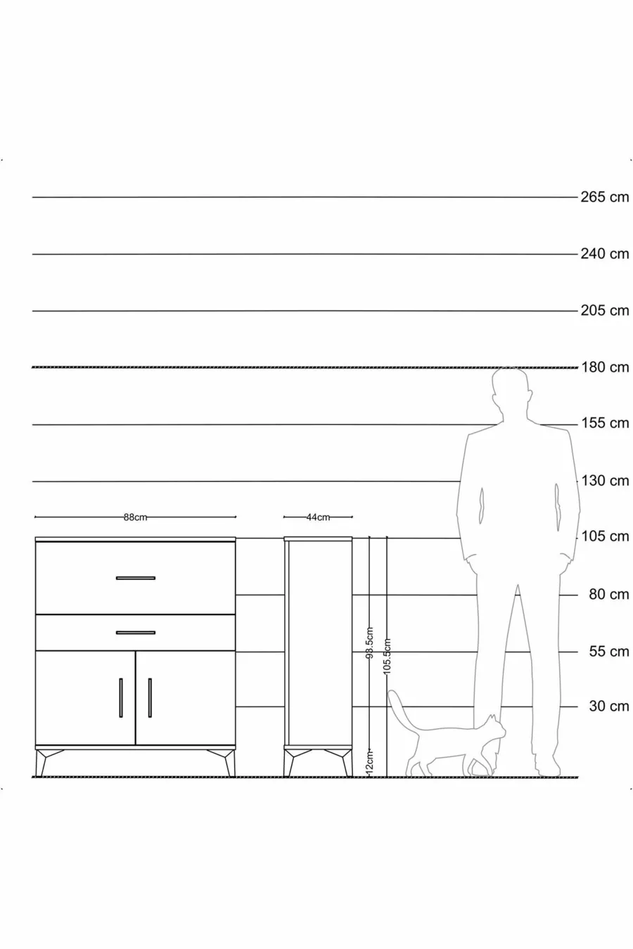 Commode Hyperion à une étagère, 2 tiroirs et 2 portes, pin-jaspe