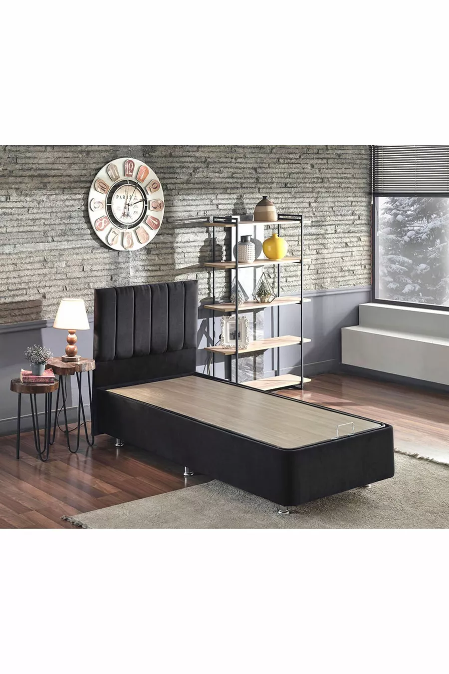 Ensemble Lit Niron Piano Lite Simple avec Sommier et Tête de Lit - Tissu Noir, Sommier et Tête de Lit en Métal