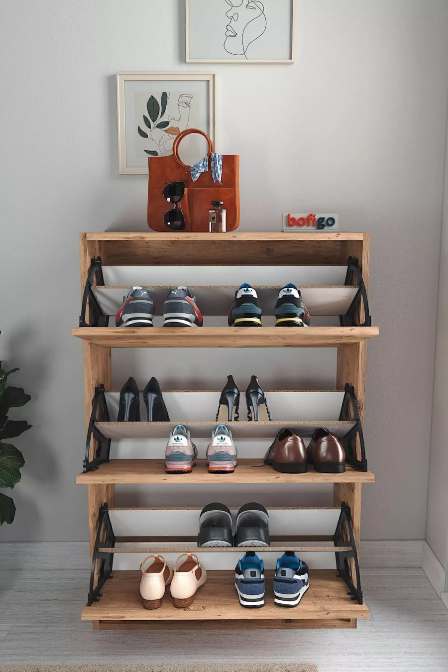Placard à chaussures à abattant avec étagère coulissante, placard à chaussures à 3 compartiments, Merle Pin