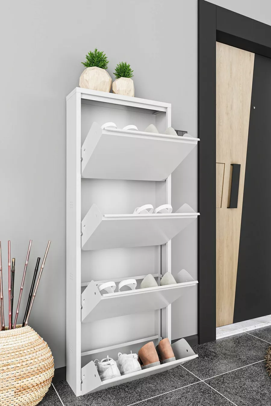 Porte-chaussures en métal à quatre compartiments blanc