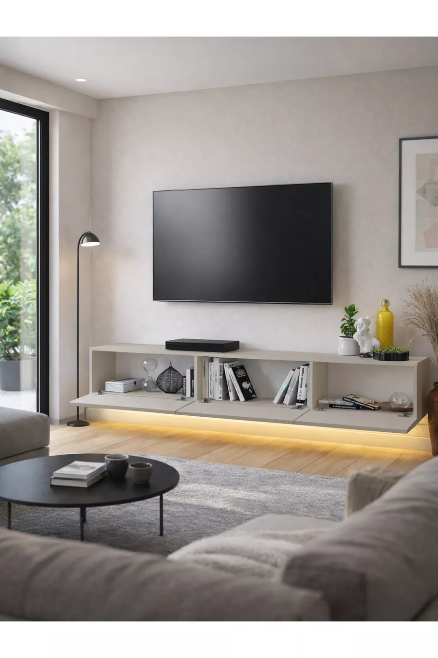 Meuble TV à LED Li  cm - Couleur Sable, Moderne, Large, Design avec Étagères - Table TV | Cercei