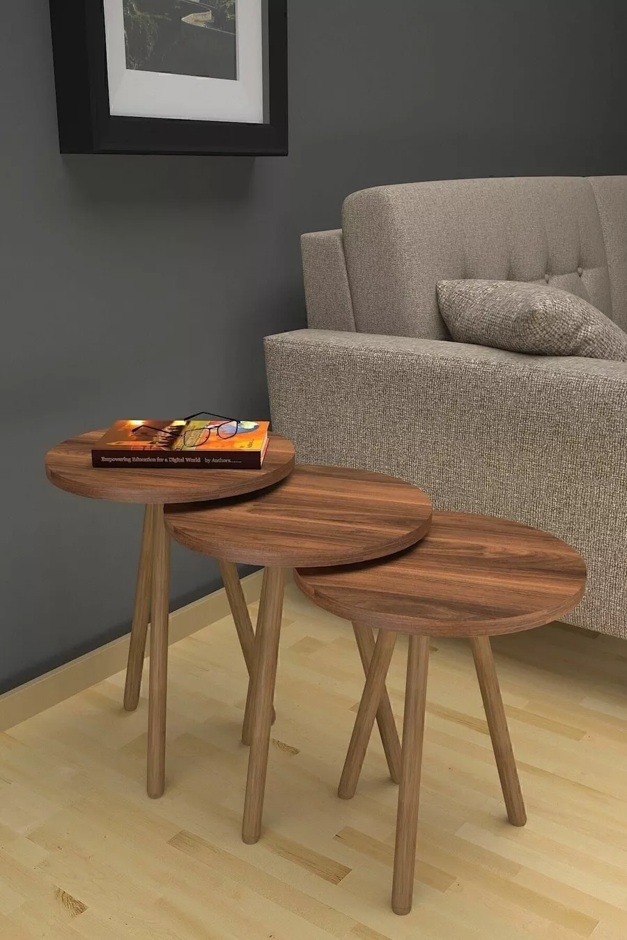 Ensemble de 3 tables gigognes rondes – Pieds en bois, style moderne, table à café et de présentation en noyer
