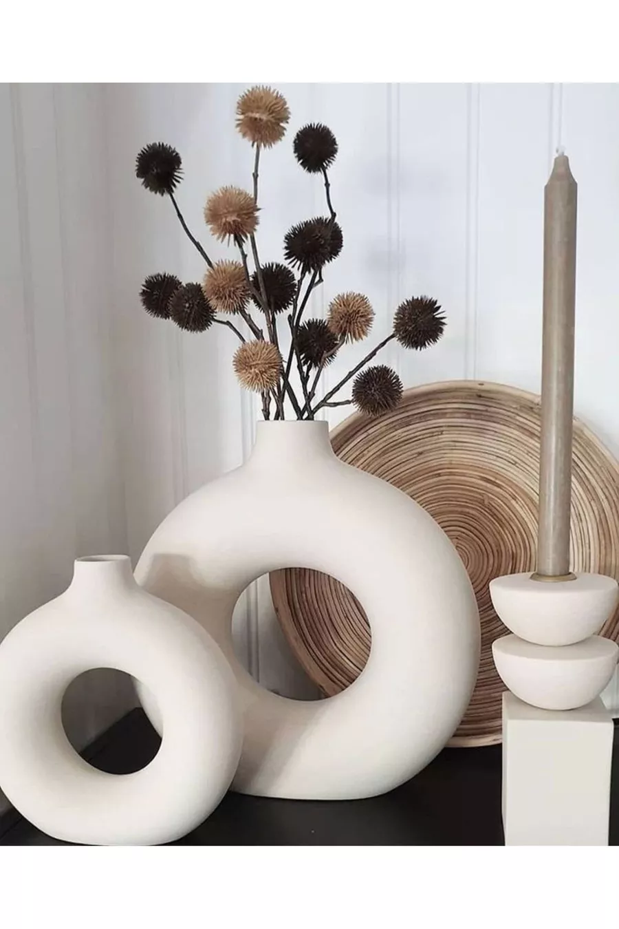 Set de Vases à Anneau Bohème (GRAND CM, PETIT CM) Décoratif, Cadeau Brut Blanc