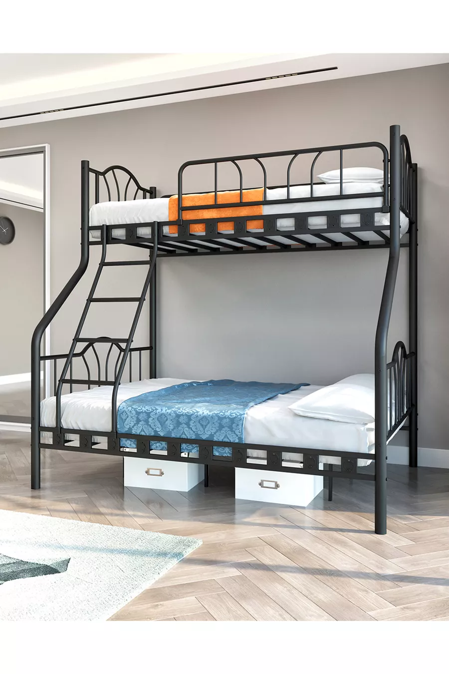 Lit superposé métallique pour 3 personnes avec 3 places pour parents  &  Noir