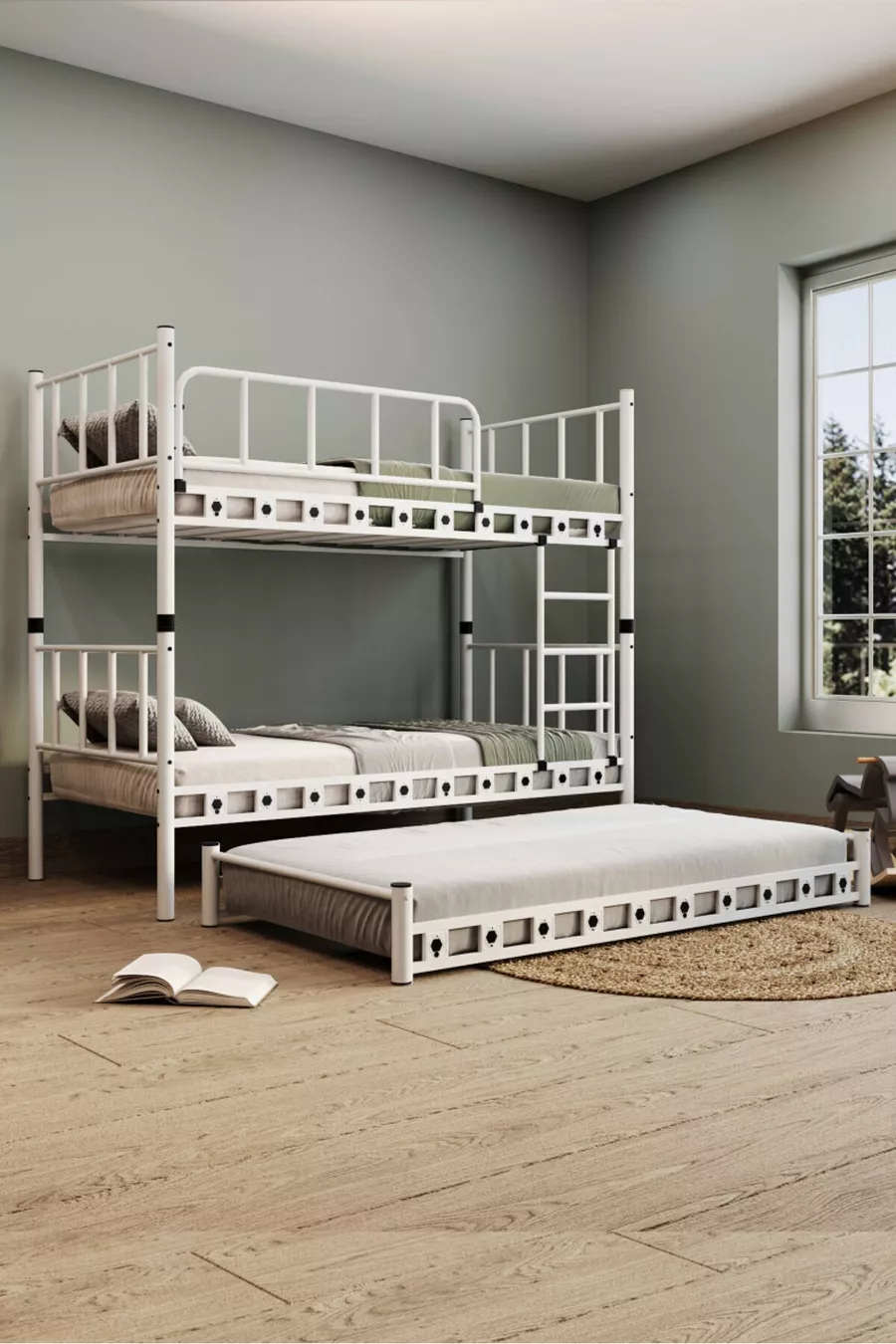 Chambre d'enfant jeune avec lit superposé et lit métallique  blanc Zambak Yavrulu