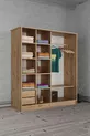 Armoire coulissante  Zambak avec étagères, tiroirs et tringle, en pin (portes blanches)