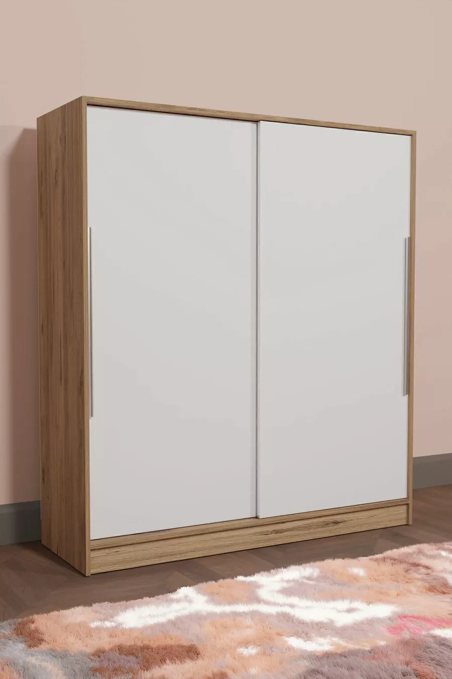 Armoire coulissante  Zambak avec étagères, tiroirs et tringle, en pin (portes blanches)