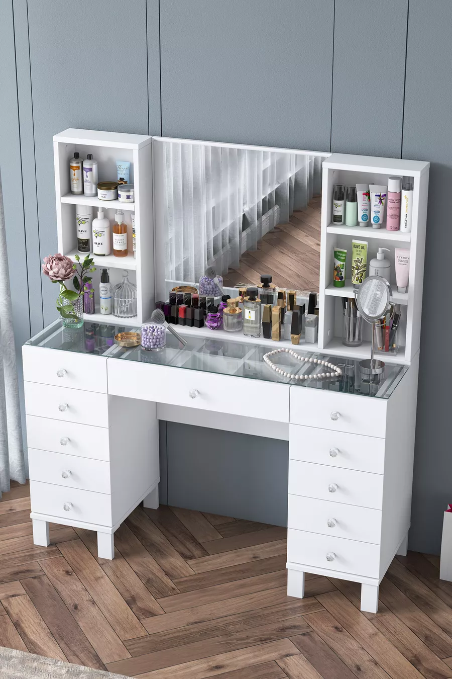 Rani Coiffeuse avec Tiroirs, Étagères et Miroir, Organisateur de Bijoux Blanc
