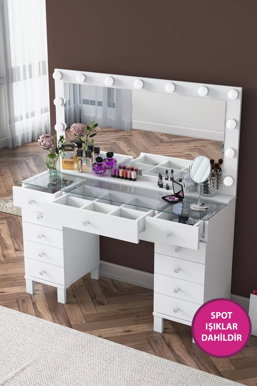 Rani Coiffeuse de Coulisses avec Miroir et Lumières Hollywood, Organisateur de Bijoux avec Tiroirs, Blanc