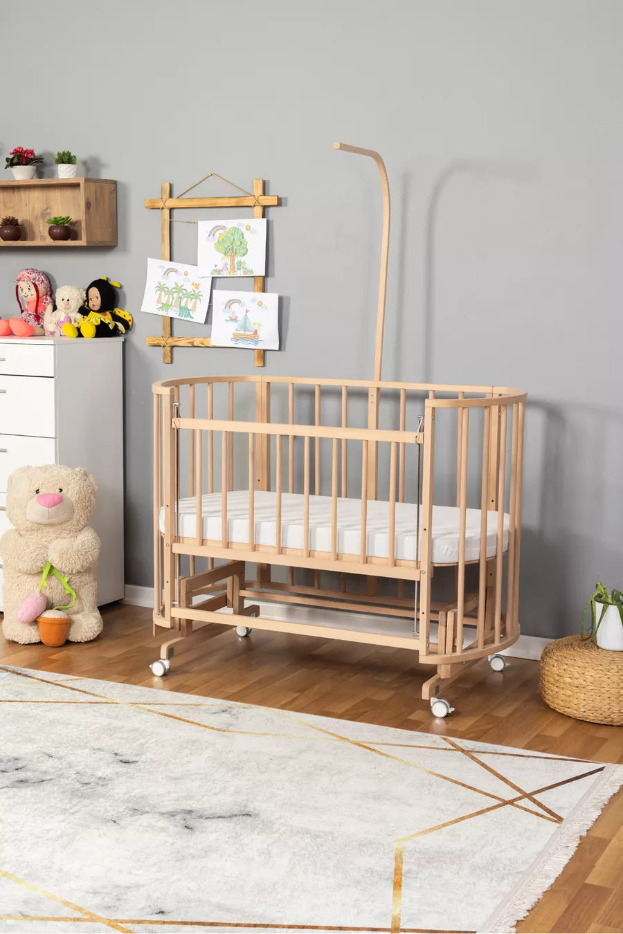 Berceau en bois pour maman à bascule Papatya biologique (SANS PEINTURE) avec lit et roulettes