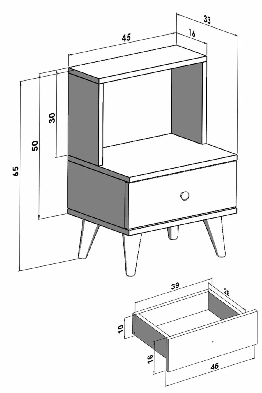 Table de chevet blanc brillant Cordoba avec tiroir et étagère pour chambre à coucher