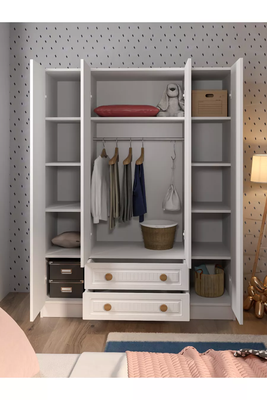Armoire blanche élégante et raffinée Bohem à 4 portes et 2 tiroirs en MDF