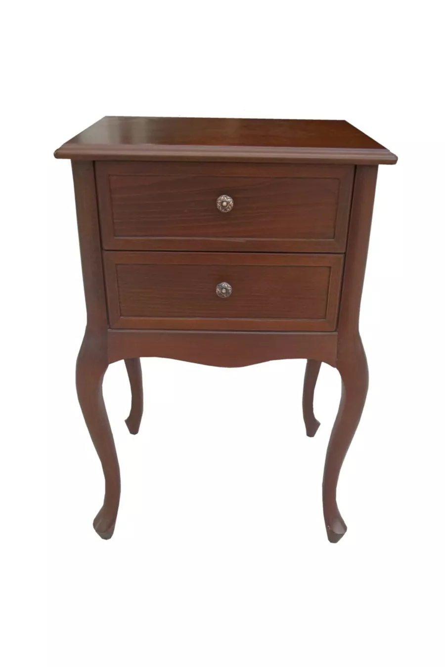 Commode et table de chevet en bois à 2 tiroirs sur pieds en baguette, couleur noyer