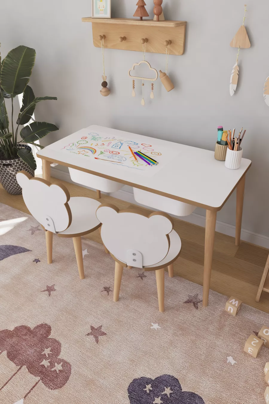 Table d'activité pour enfants avec papier à dessin en rouleau, 2 chaises et tiroir - Panda