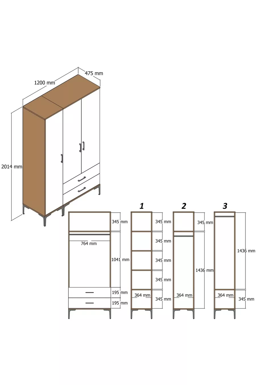 Armoire à trois portes Kumsal Rt - Crème