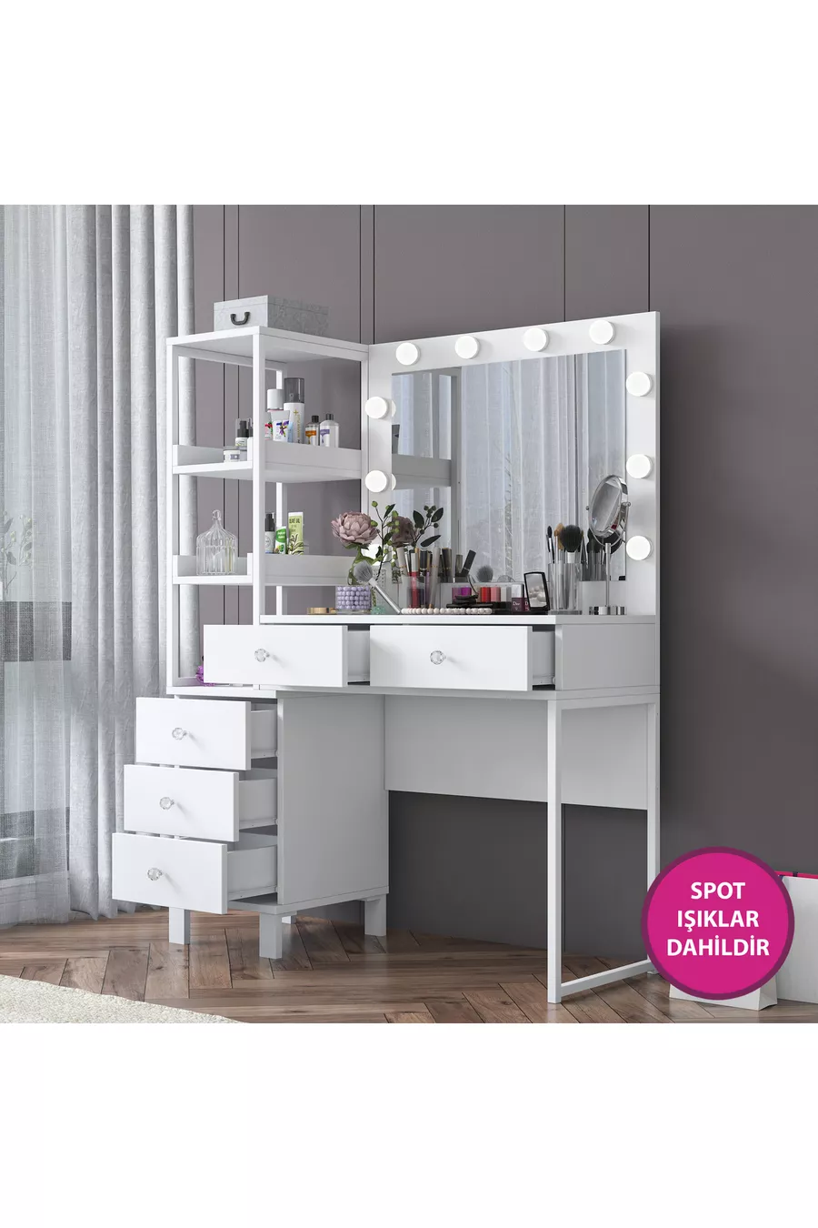 Rani Coiffeuse Miroir avec Lumières de Hollywood, 5 Tiroirs avec Étagère, Organisateur de Bijoux, Blanc